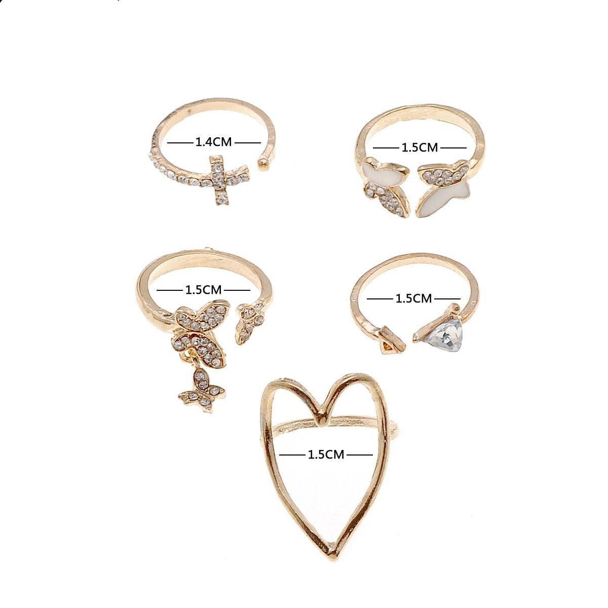 Set Of 5 Butterfly Heart Adjustable Gold Ring Set, Bohemian Ring Heart Butterfly Gold Color Rings, Crystal Geometric Knuckle Midi Rings for Women Set Of 5 Butterfly Heart Adjustable Gold Ring Set, Bohemian Ring Heart Butterfly Gold Color Rings, Crystal Geometric Knuckle Midi Rings for Women